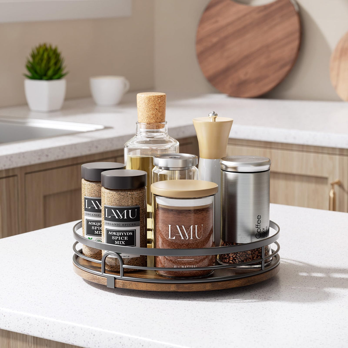 LAMU countertop lazy susan turns smoothly, speeding access to coffee pods and mugs