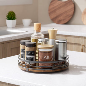 LAMU countertop lazy susan turns smoothly, speeding access to coffee pods and mugs