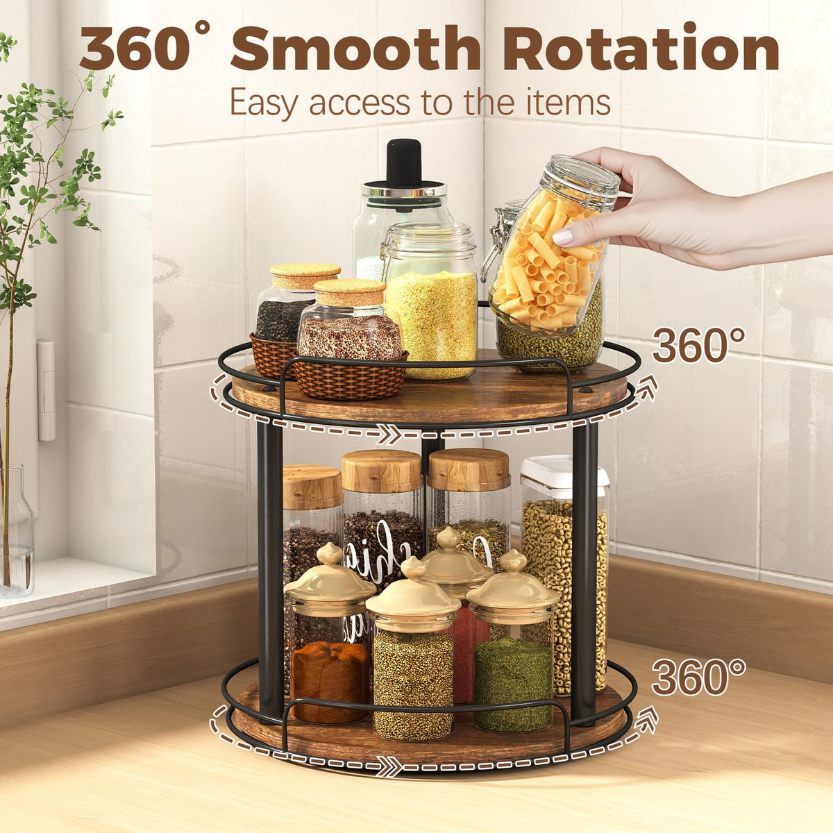 LAMU wood-base metal-frame lazy Susan in a cabinet for organized storage
