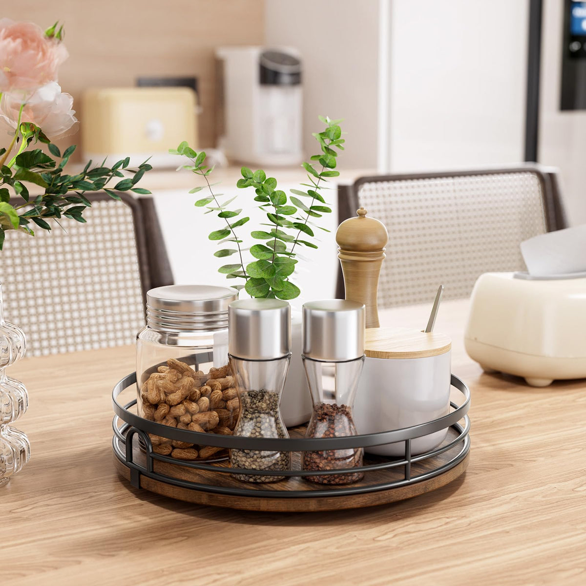 LAMU wood lazy susan cabinet organizer with raised edge for spill prevention.