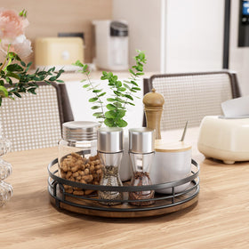 LAMU wood lazy susan cabinet organizer with raised edge for spill prevention.
