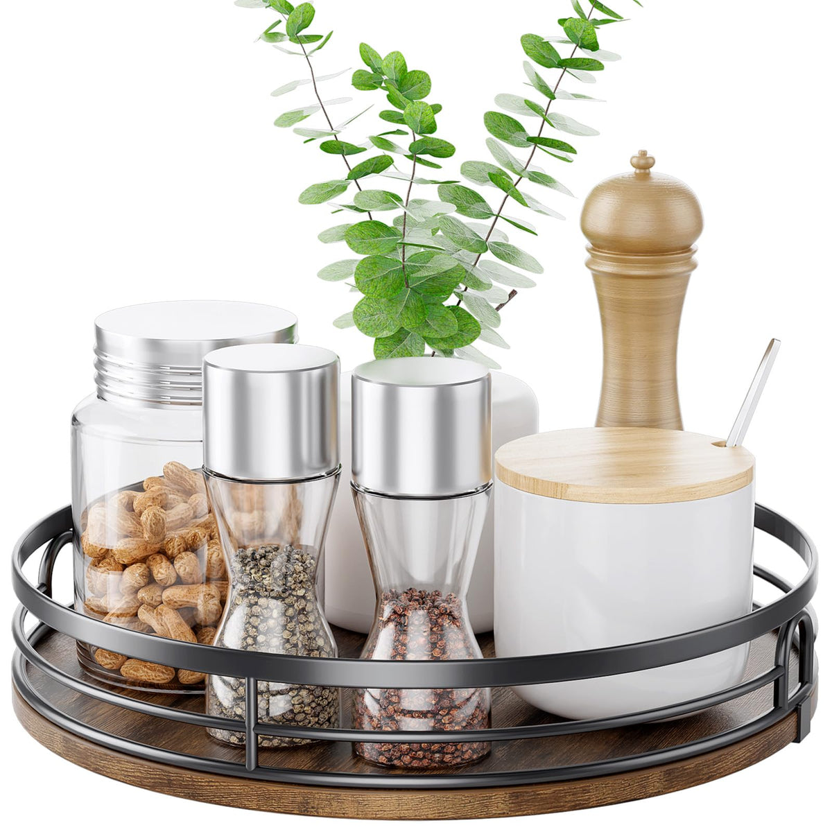 LAMU wood metal construction lazy susan provides durable stability for daily use.