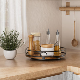 LAMU wooden turntable kitchen spice storage with 360° rotation.