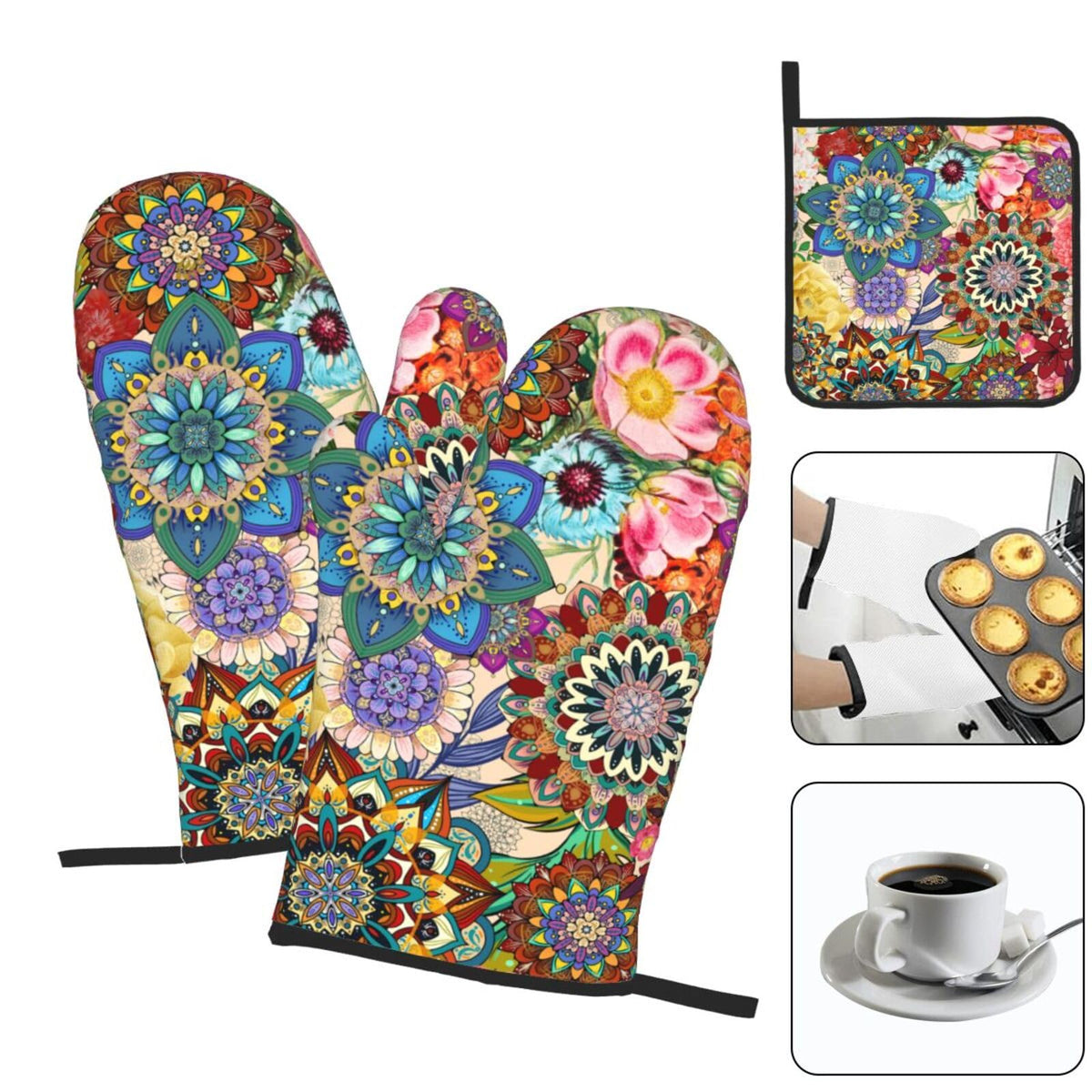 Lanaiqo Boho Floral kitchen gloves close-up shows quilted lining.