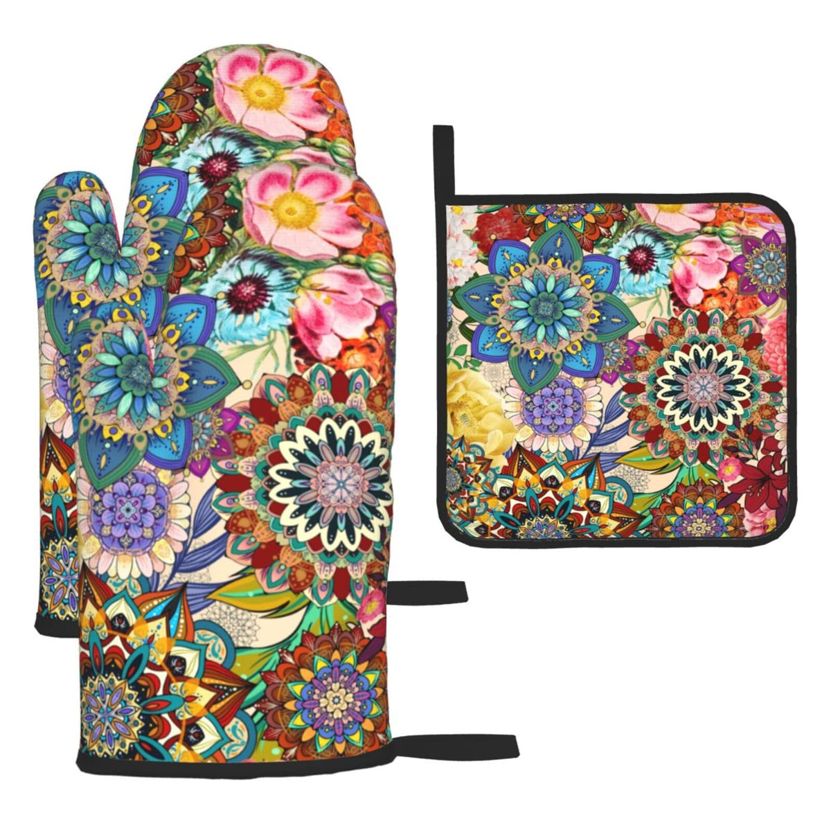 Lanaiqo Boho Floral oven mitts protect hands during baking.