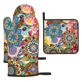 Lanaiqo Boho Floral oven mitts protect hands during baking.