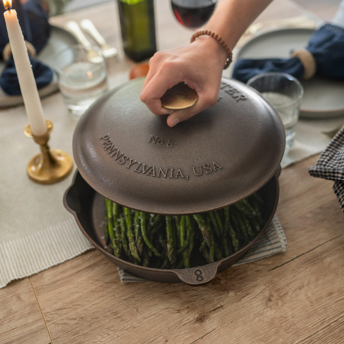 Lancaster skillet in use on stove tops for searing and sautéing.