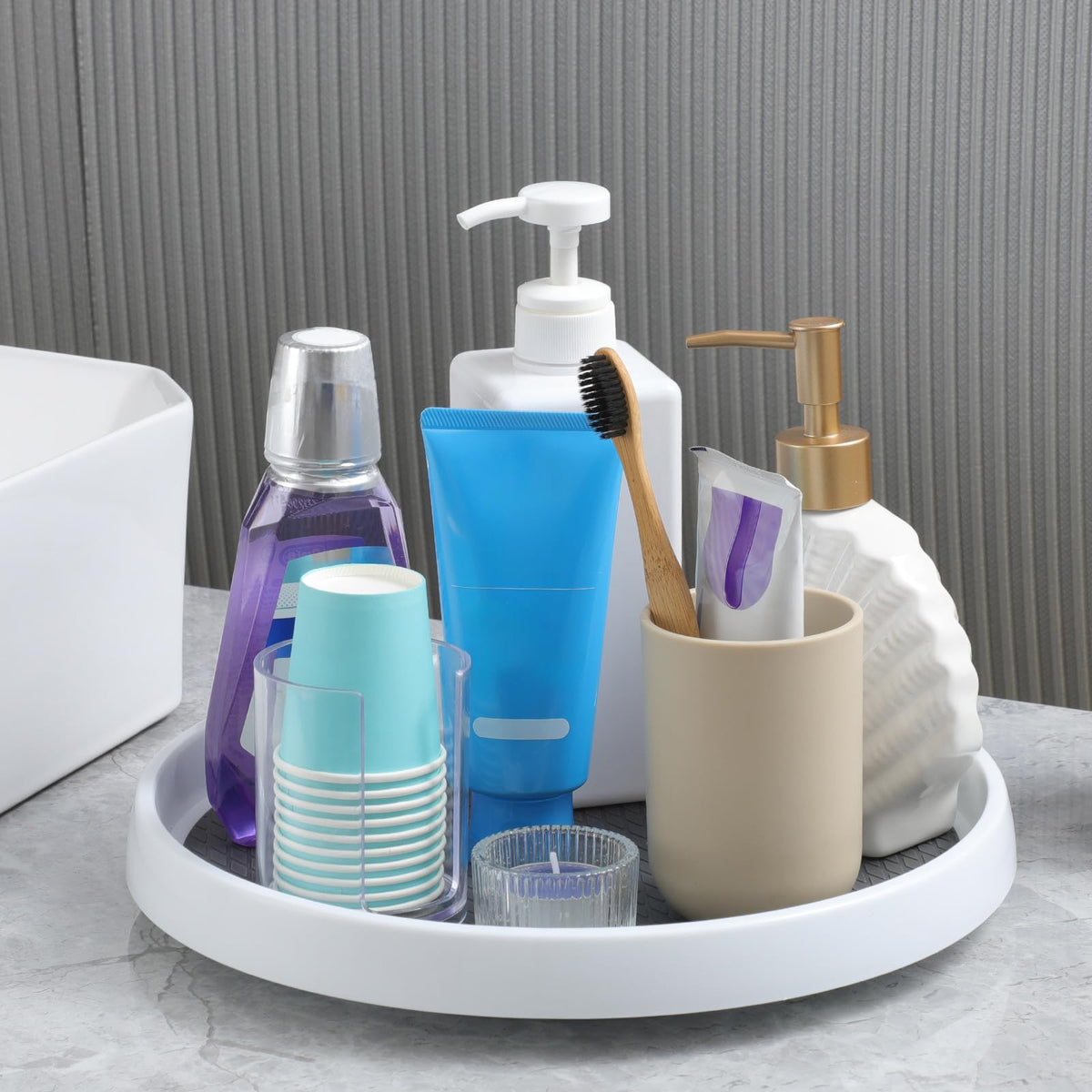 LANDNEOO 12-inch turntable under-sink organizer for cleaning supplies.