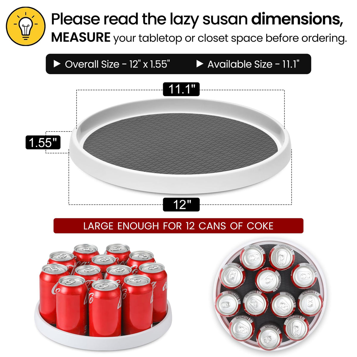 LANDNEOO 2-pack 12-inch lazy susan with anti-slip surface and stable feet for steadier storage.