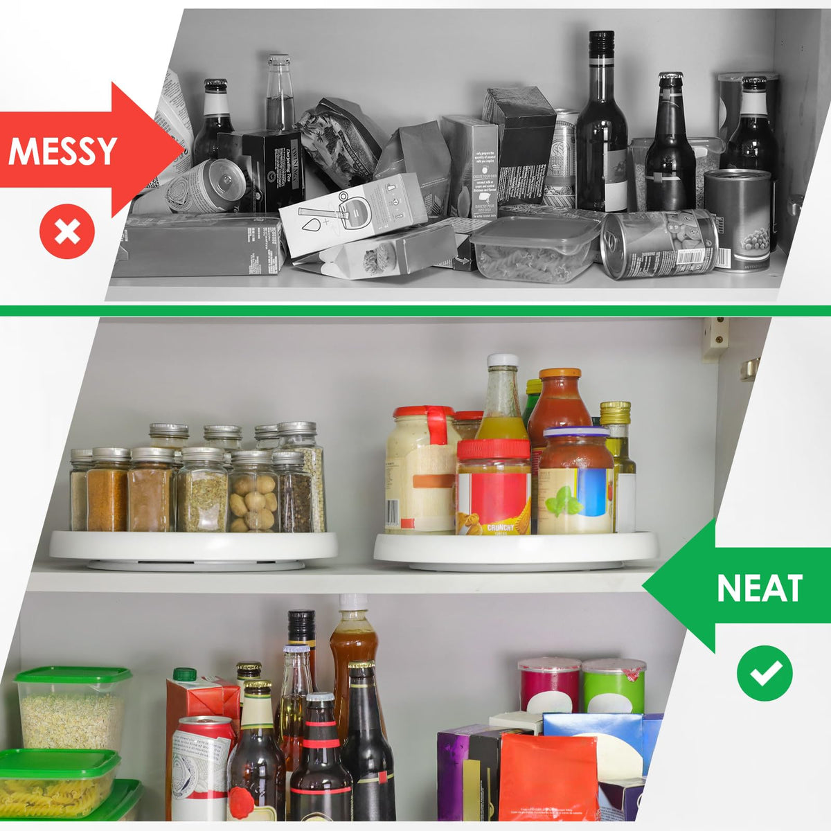LANDNEOO under-sink setup with lazy susan keeping cleaning supplies reachable.
