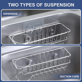 LANDNEOO 3-in-1 sponge holder with adhesive hook offers tool-free mounting.