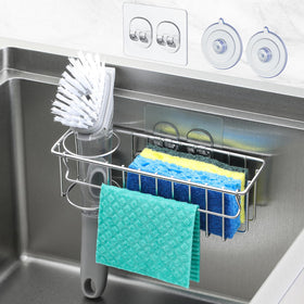 LANDNEOO 3-in-1 sponge holder with suction cups keeps sponges on the sink for quick drying.
