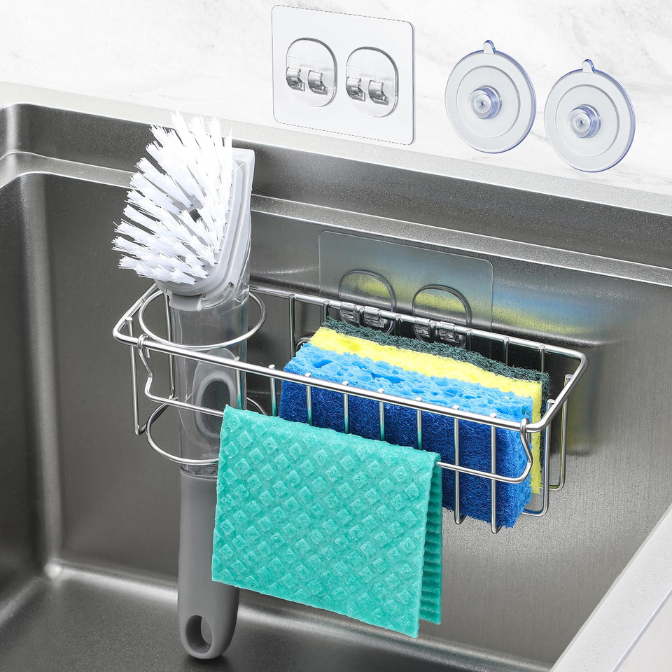 LANDNEOO 3-in-1 sponge holder with suction cups keeps sponges on the sink for quick drying.