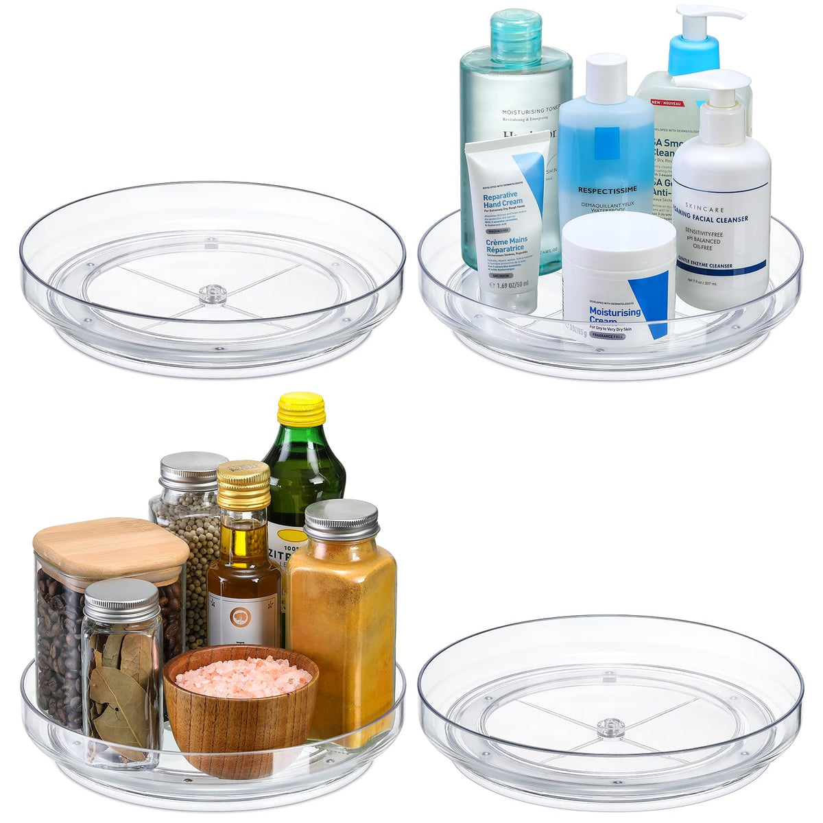 LANDNEOO 9-inch clear lazy susan for pantry organization and easy condiment access.