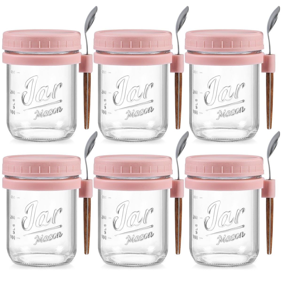 LANDNEOO 6-pack overnight oats containers with pink lids and spoons for meal prep on the go.