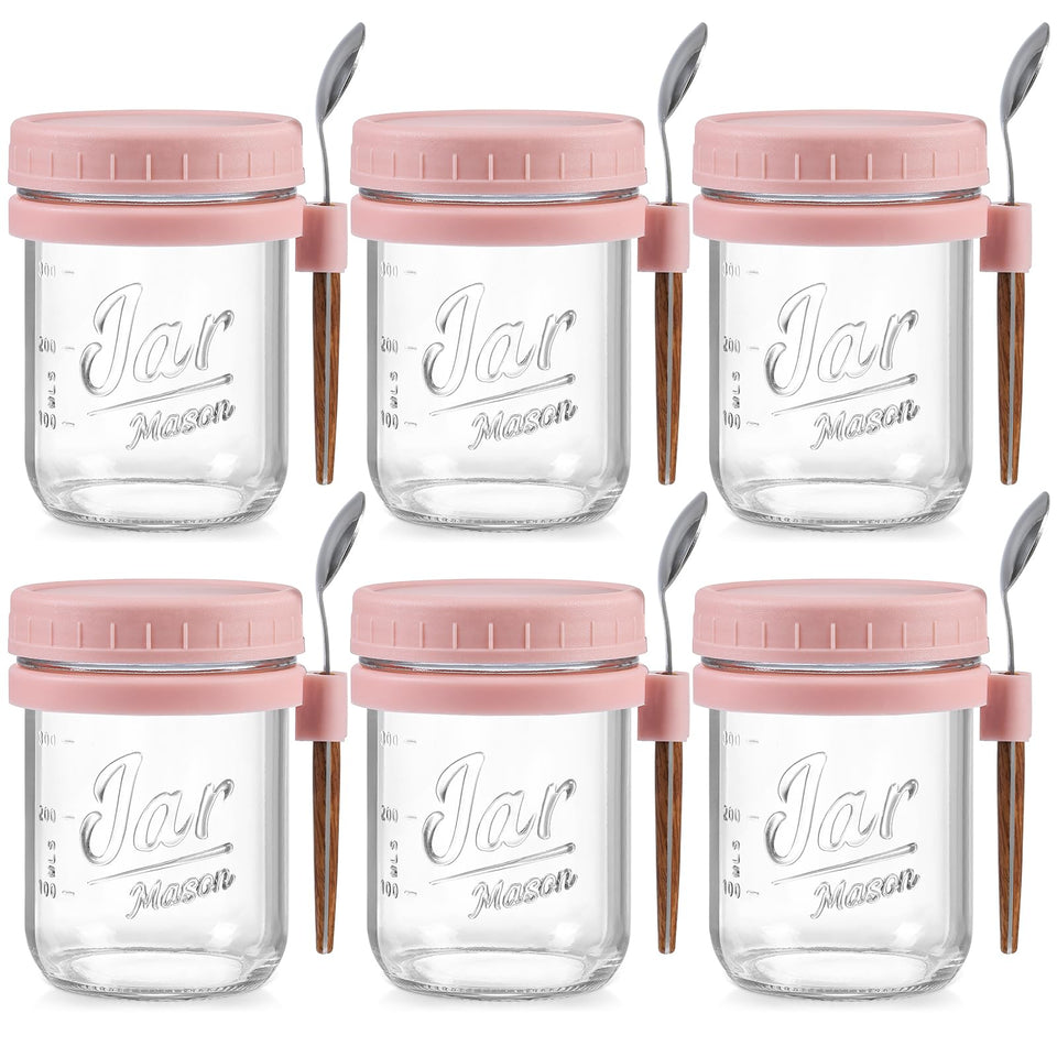 LANDNEOO 6-pack overnight oats containers with pink lids and spoons for meal prep on the go.