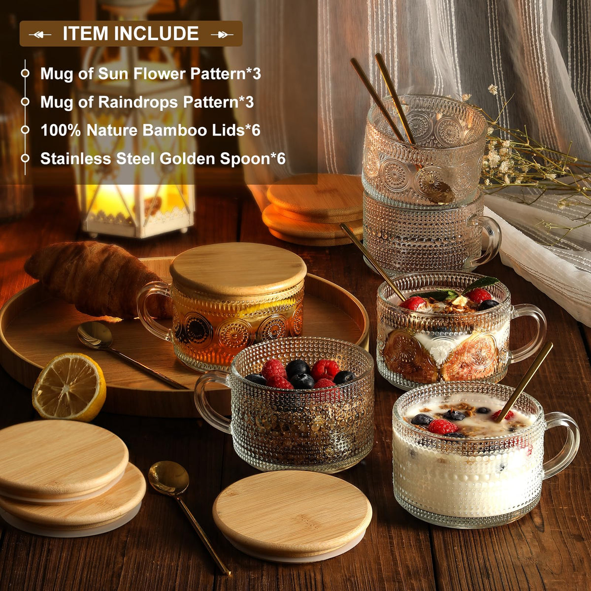 LANDNEOO 6-pack vintage glass mugs with raindrop embossing, great for tea and latte.