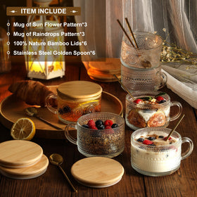 LANDNEOO 6-pack vintage glass mugs with raindrop embossing, great for tea and latte.