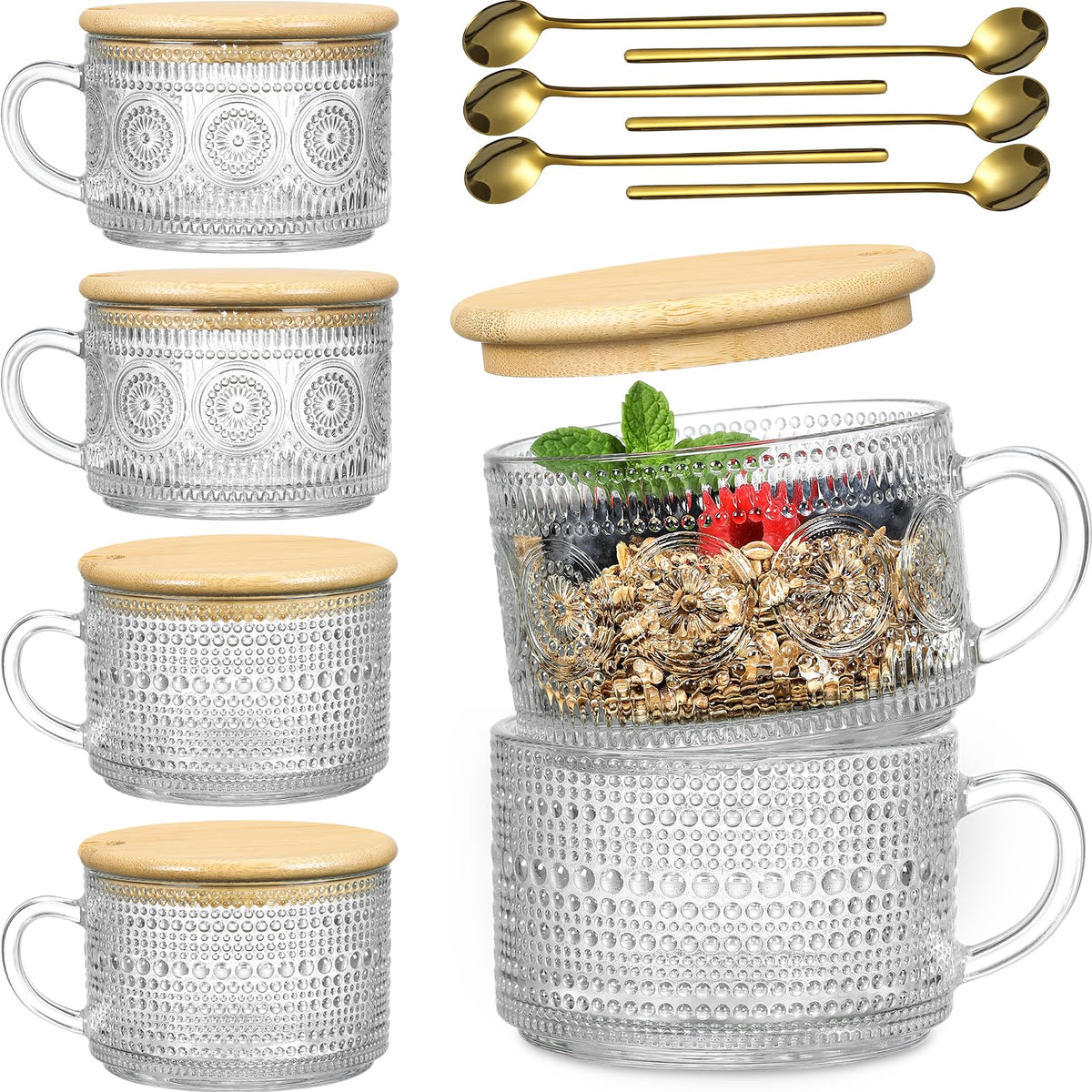 LANDNEOO 6-pack vintage glass mugs with sunflower embossing, ideal for iced coffee.