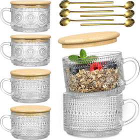 LANDNEOO 6-pack vintage glass mugs with sunflower embossing, ideal for iced coffee.
