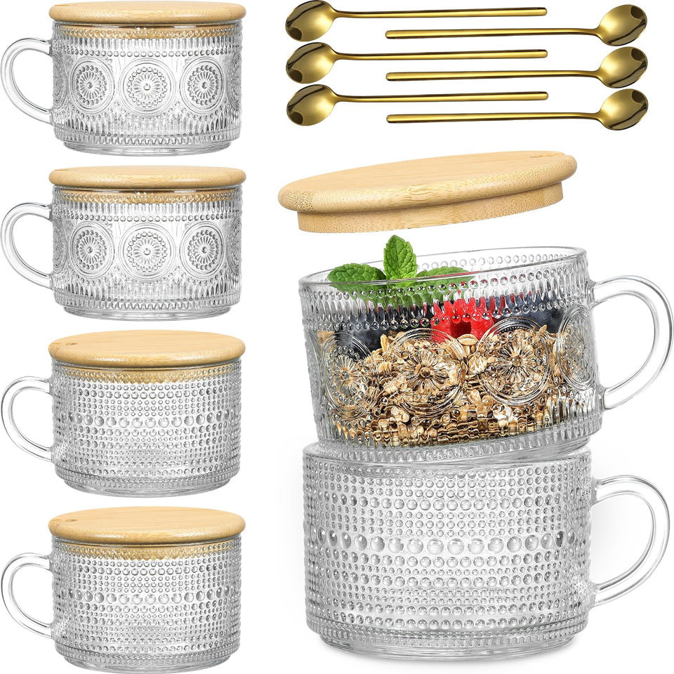 LANDNEOO 6-pack vintage glass mugs with sunflower embossing, ideal for iced coffee.