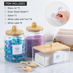 LANDNEOO dryer sheet holder with bamboo lid keeps laundry supplies tidy.