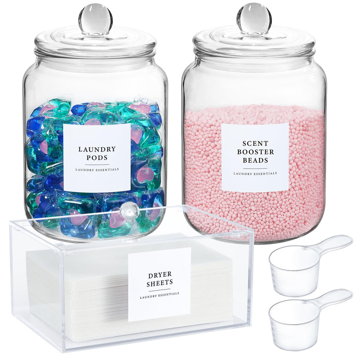 LANDNEOO glass jars and dryer sheet holder set for organized laundry storage