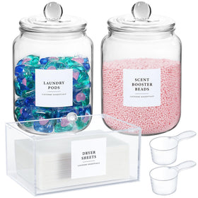 LANDNEOO glass jars and dryer sheet holder set for organized laundry storage