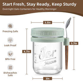 LANDNEOO glass mason jar with lid and built-in spoon holder for on-the-go meals.
