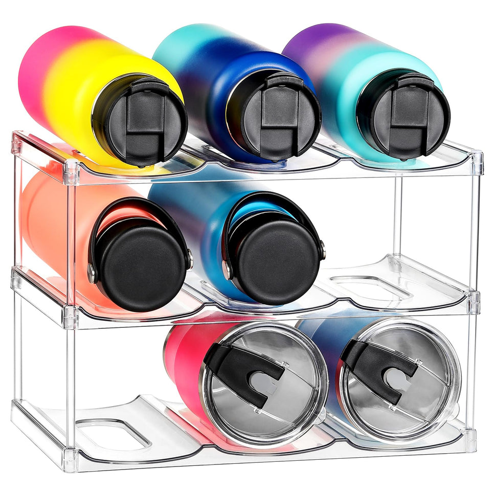 LANDNEOO larger-compartment bottle organizer front view shows clear tiers for visibility