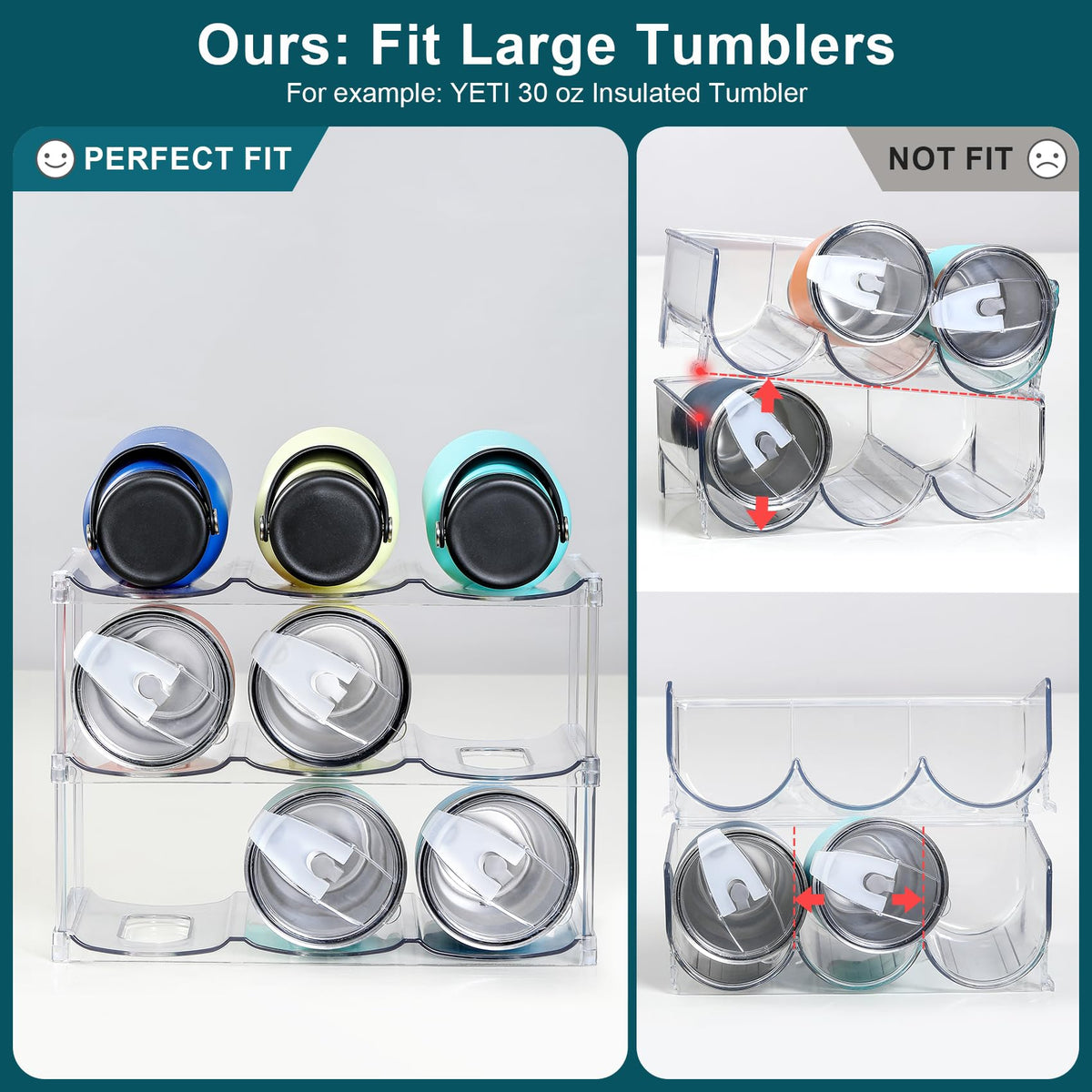 LANDNEOO larger-compartment bottle organizer stacked tiers demonstrate space-saving storage