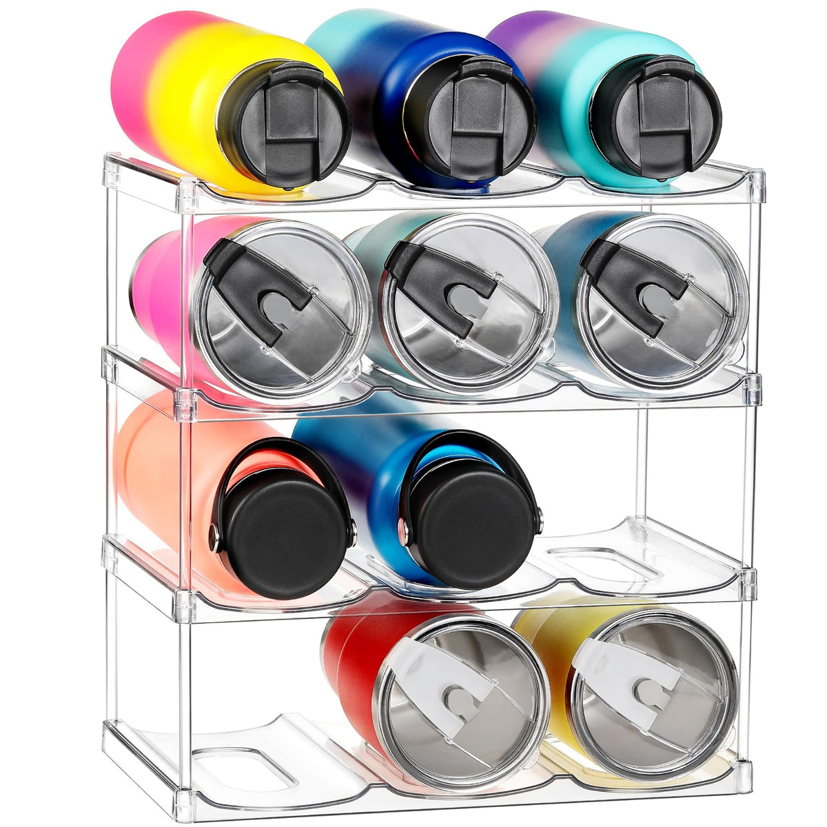 LANDNEOO LARGER COMPARTMENT bottle organizer front view showing 4-tier grid for large bottles.