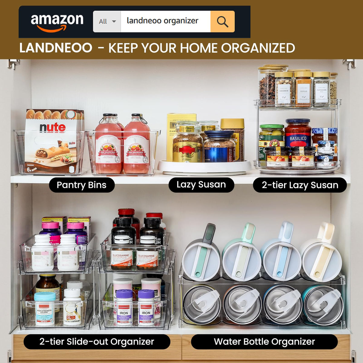 LANDNEOO versatile organizer suits fridge, cabinet, or counter setups.