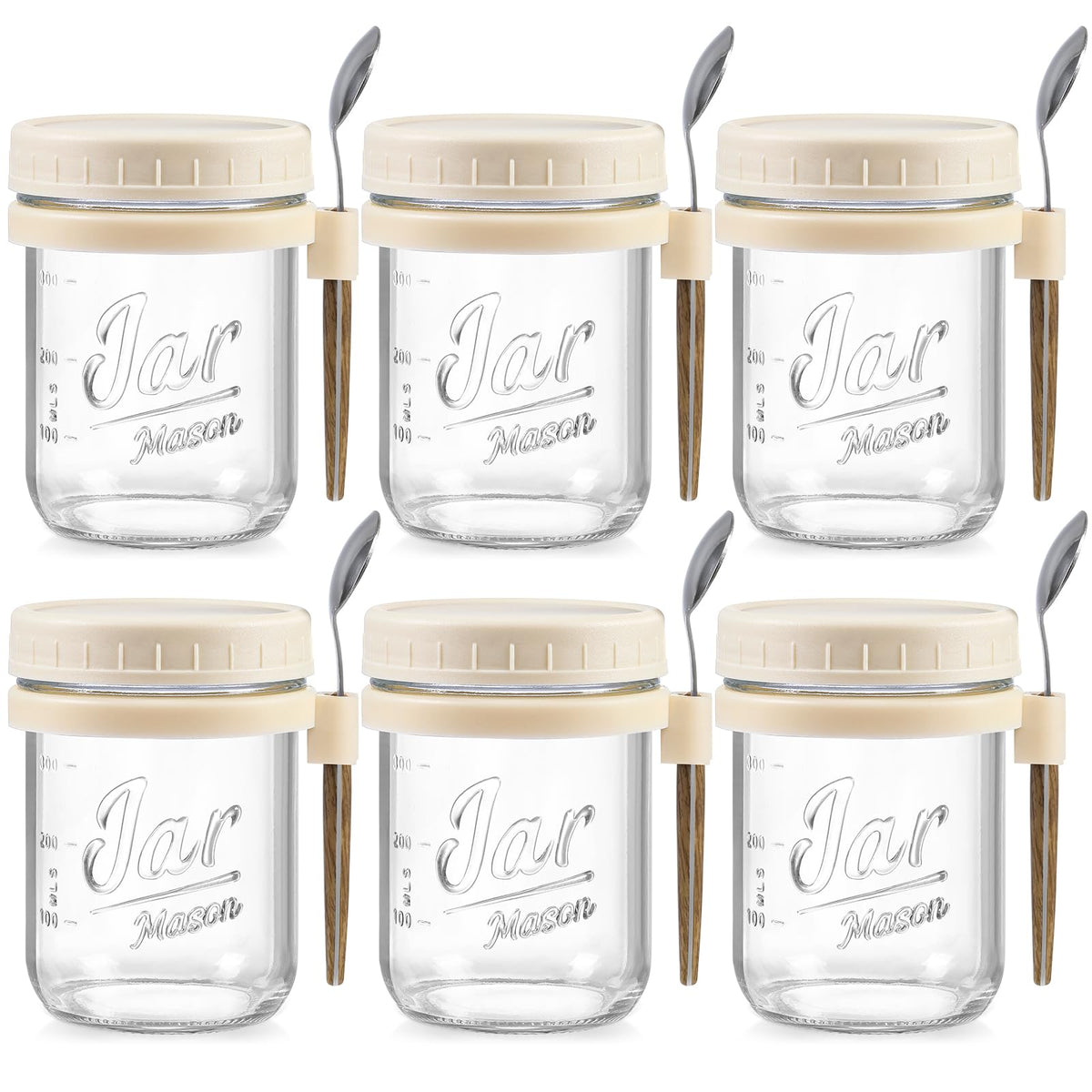 LANDNEOO six-pack 16oz glass jars with lids, ideal for overnight oats.