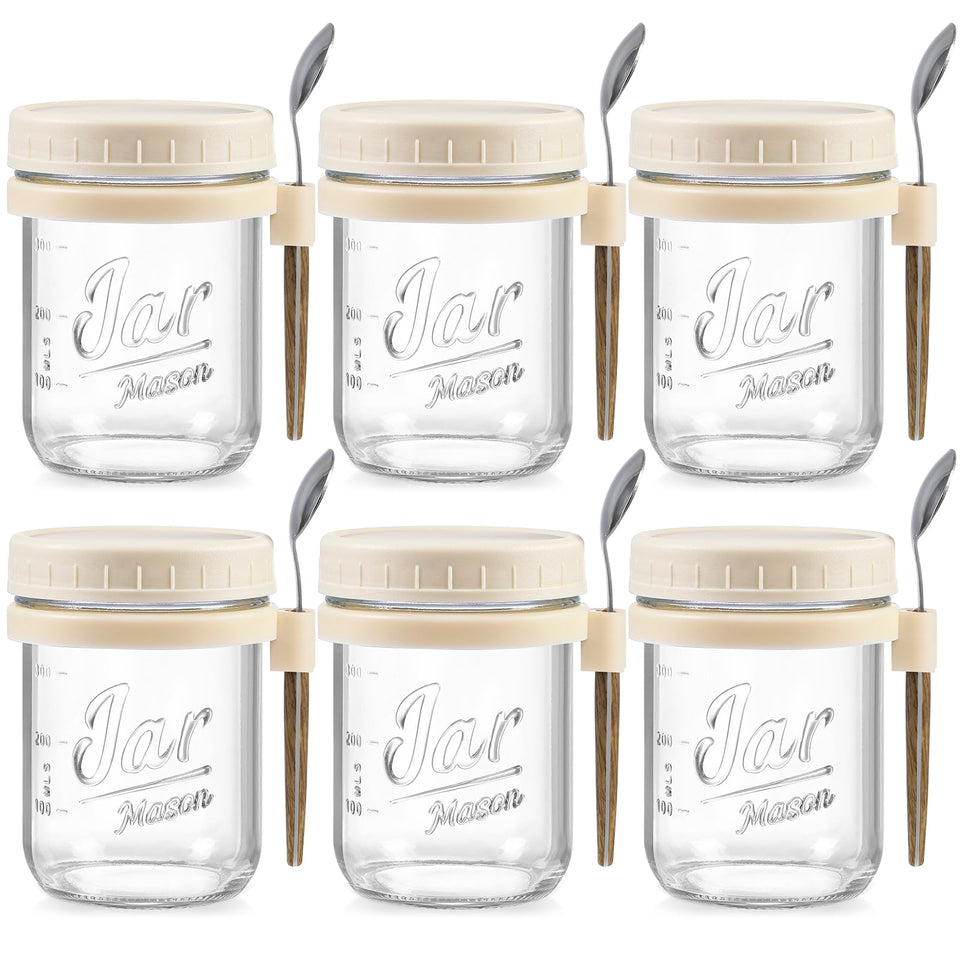 LANDNEOO six-pack 16oz glass jars with lids, ideal for overnight oats.