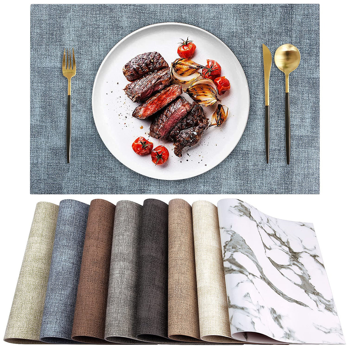 LANDVIEW leather heat-resistant placemats in blue rectangular set6 protect tables from heat and scratches.