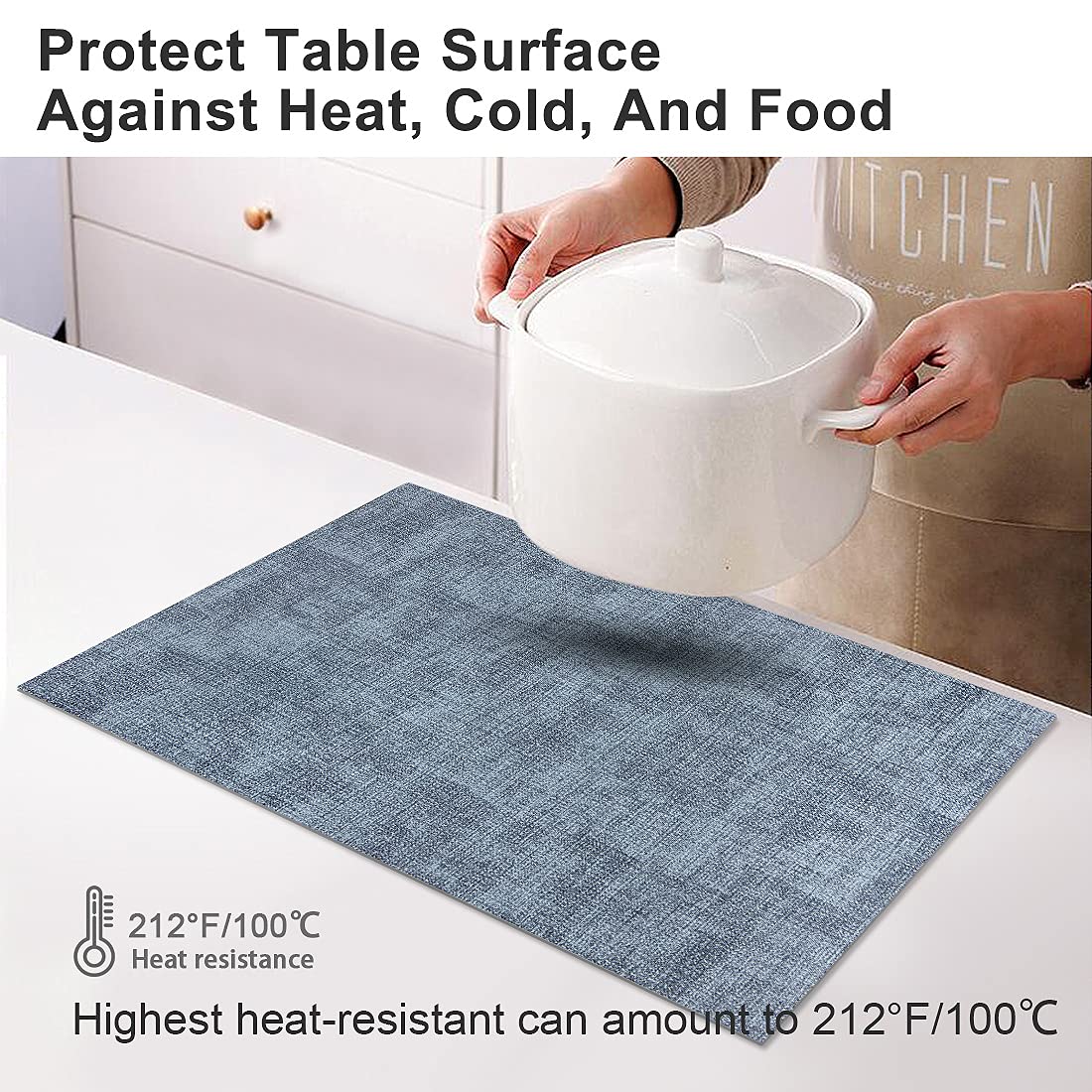 LANDVIEW blue leather placemats with non-slip texture keep dishes steady during meals.