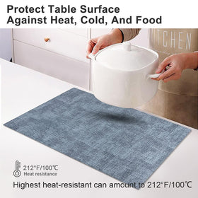 LANDVIEW blue leather placemats with non-slip texture keep dishes steady during meals.
