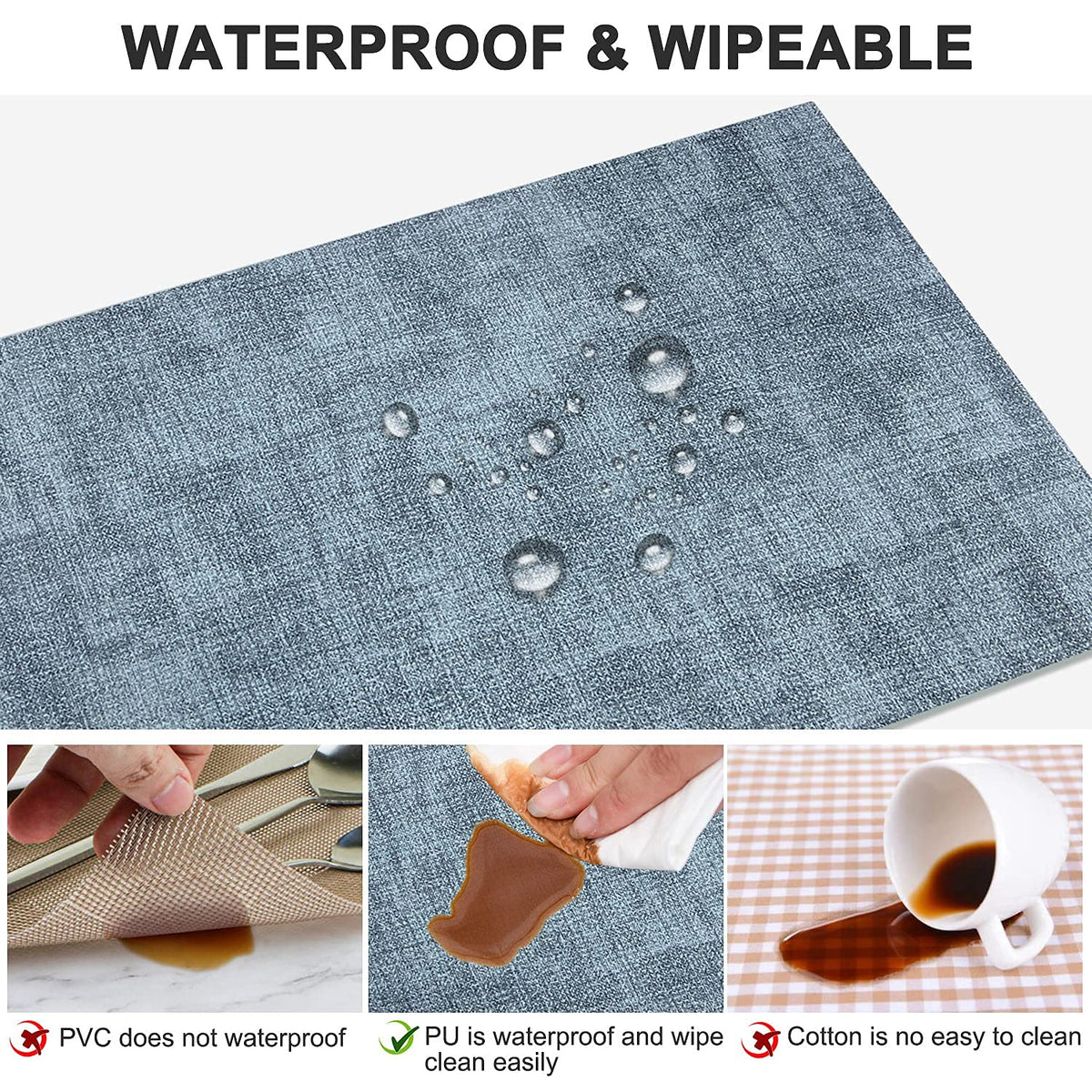 LANDVIEW blue leather placemats are easy to wipe clean after spills.
