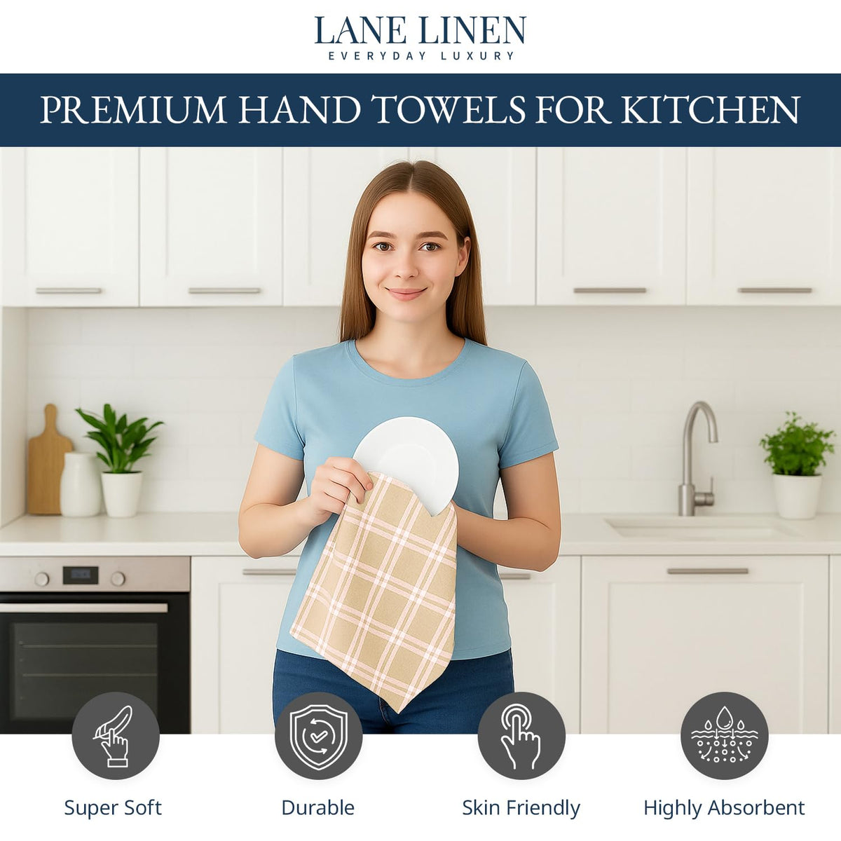 LANE LINEN absorbent cotton towels in beige provide quick-drying spill cleanup