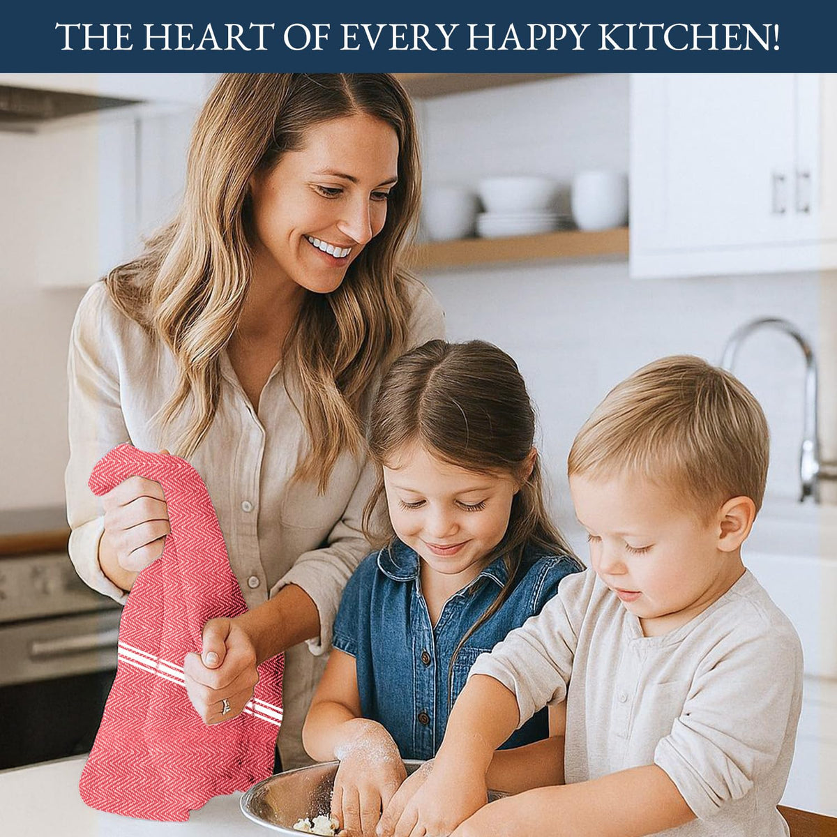 Lane Linen absorbent cotton towels demonstrated wiping a messy backsplash