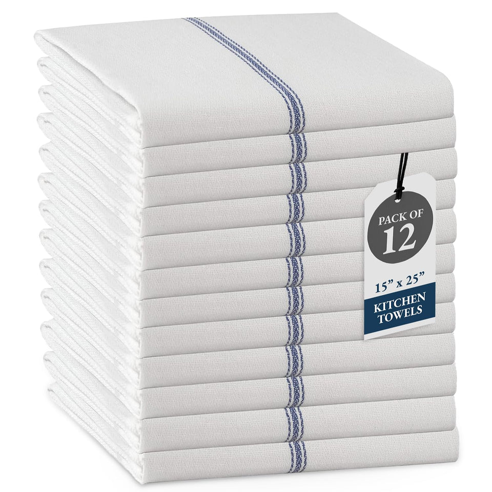 Lane Linen blue stripe dish towels illustrate absorbent cotton for quick cleanups