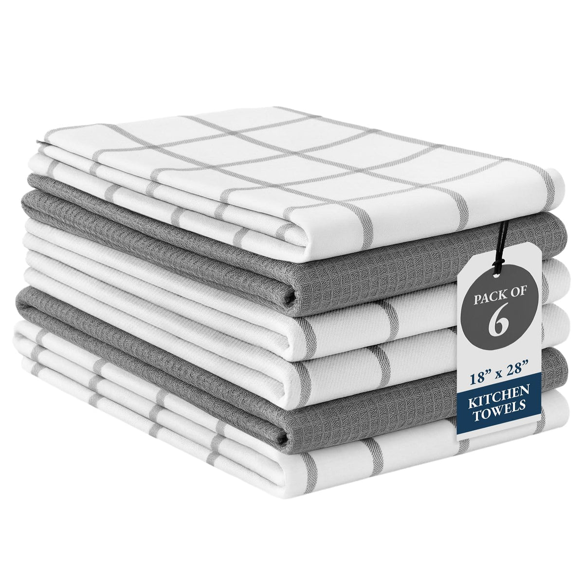 LANE LINEN cotton kitchen towels grey, 6-pack, absorbent for quick cleanup