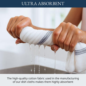 Lane Linen dish towels in use wiping a pot for mess-free cleanup.
