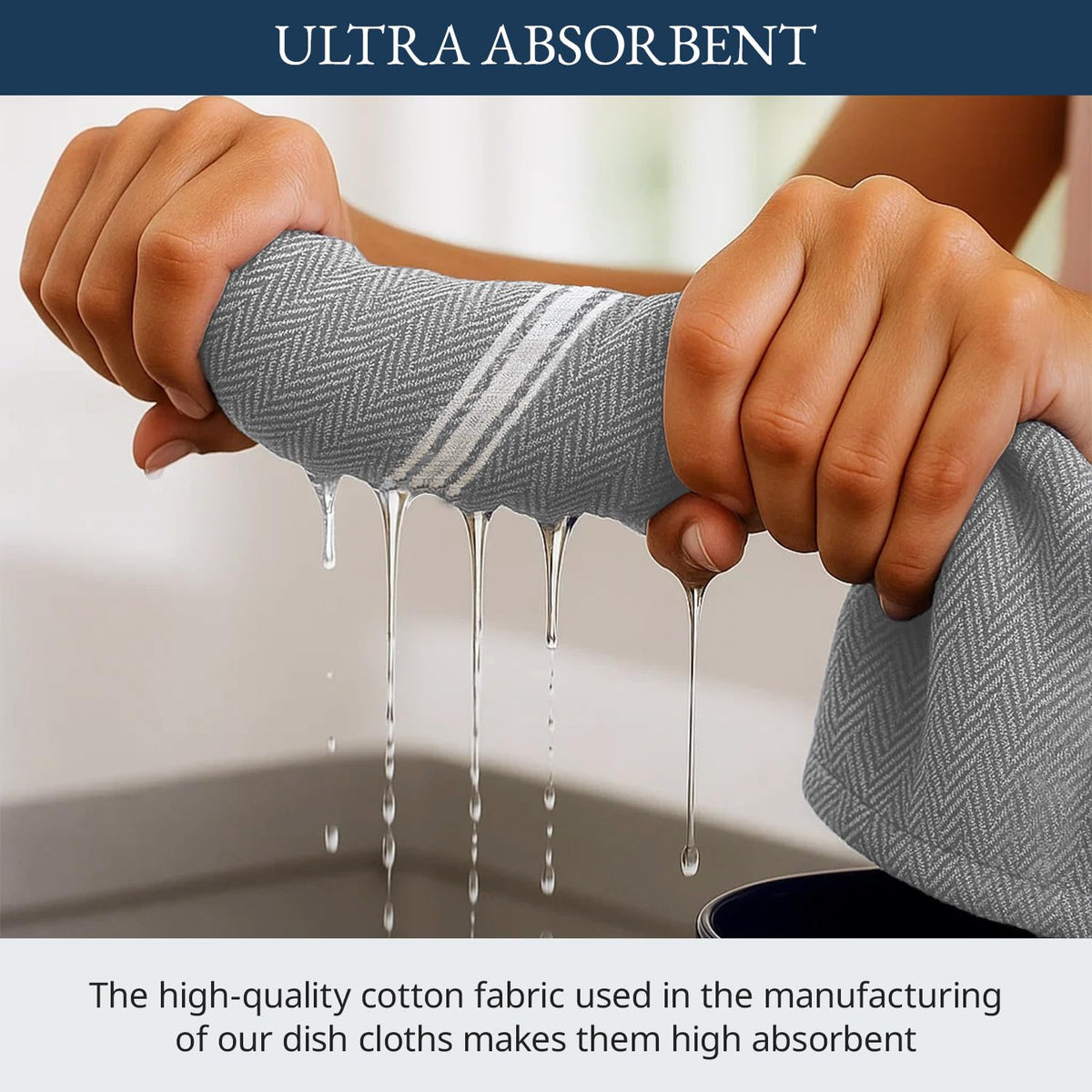 Lane Linen gray chambray stripe towels add style while absorbing splashes.