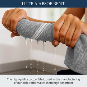 Lane Linen gray chambray stripe towels add style while absorbing splashes.