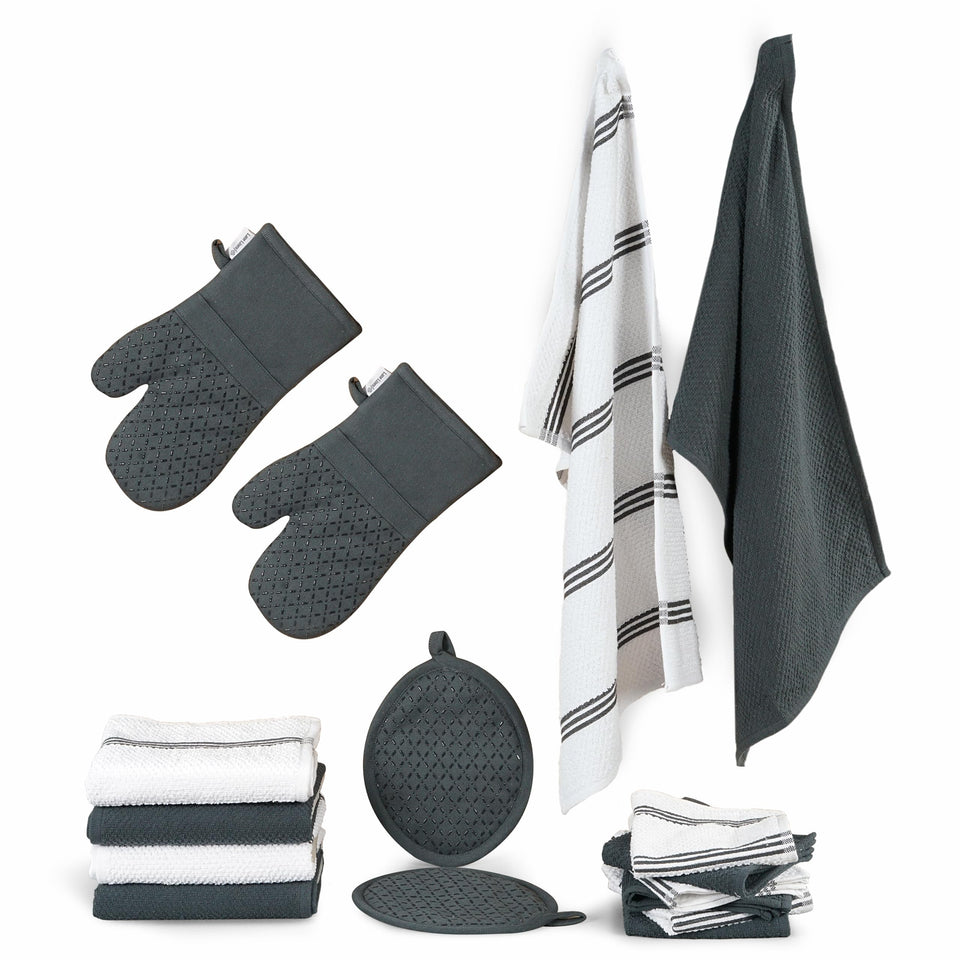 Lane Linen kitchen towels 16x26 soaking up spills with soft, durable terry.