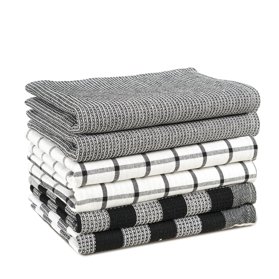Lane Linen kitchen towels 6-pack neatly stacked for quick cleanup.