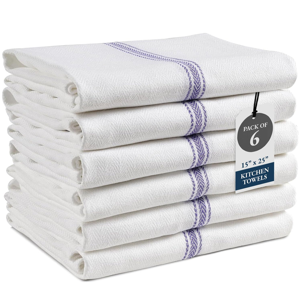 Lane Linen kitchen towels blue stripe folded neatly for quick cleanup.