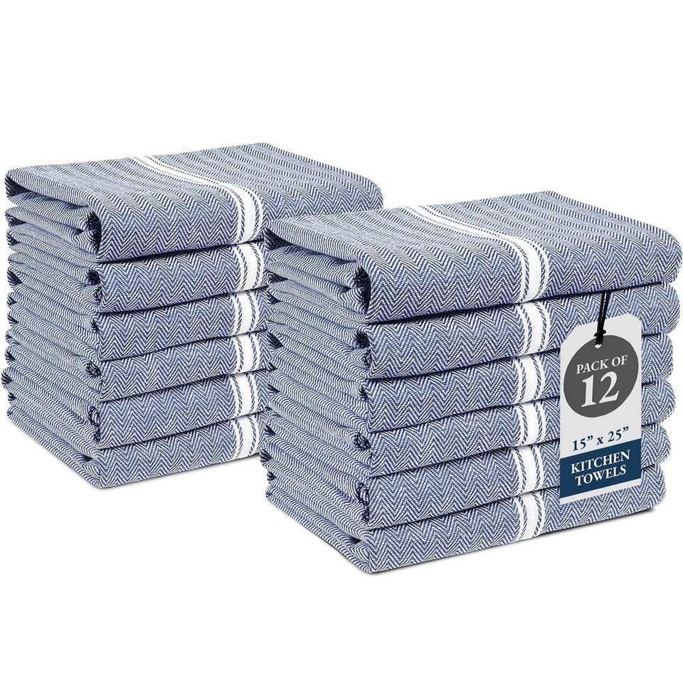 Lane Linen kitchen towels in blue chambray show a 12-pack set for easy daily use.